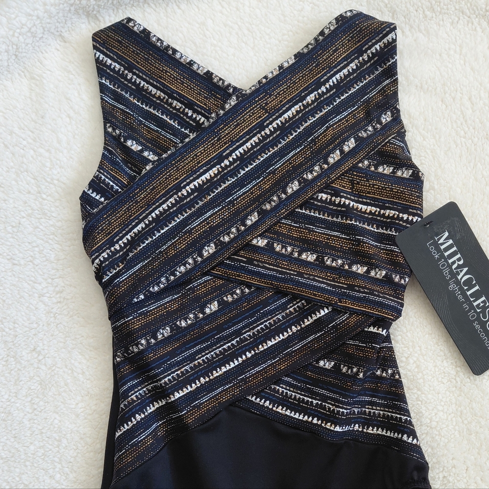 Miraclesuit Slimming One Piece Size 8 Black Multi Criss Cross Tummy Control Flat - Picture 7 of 8
